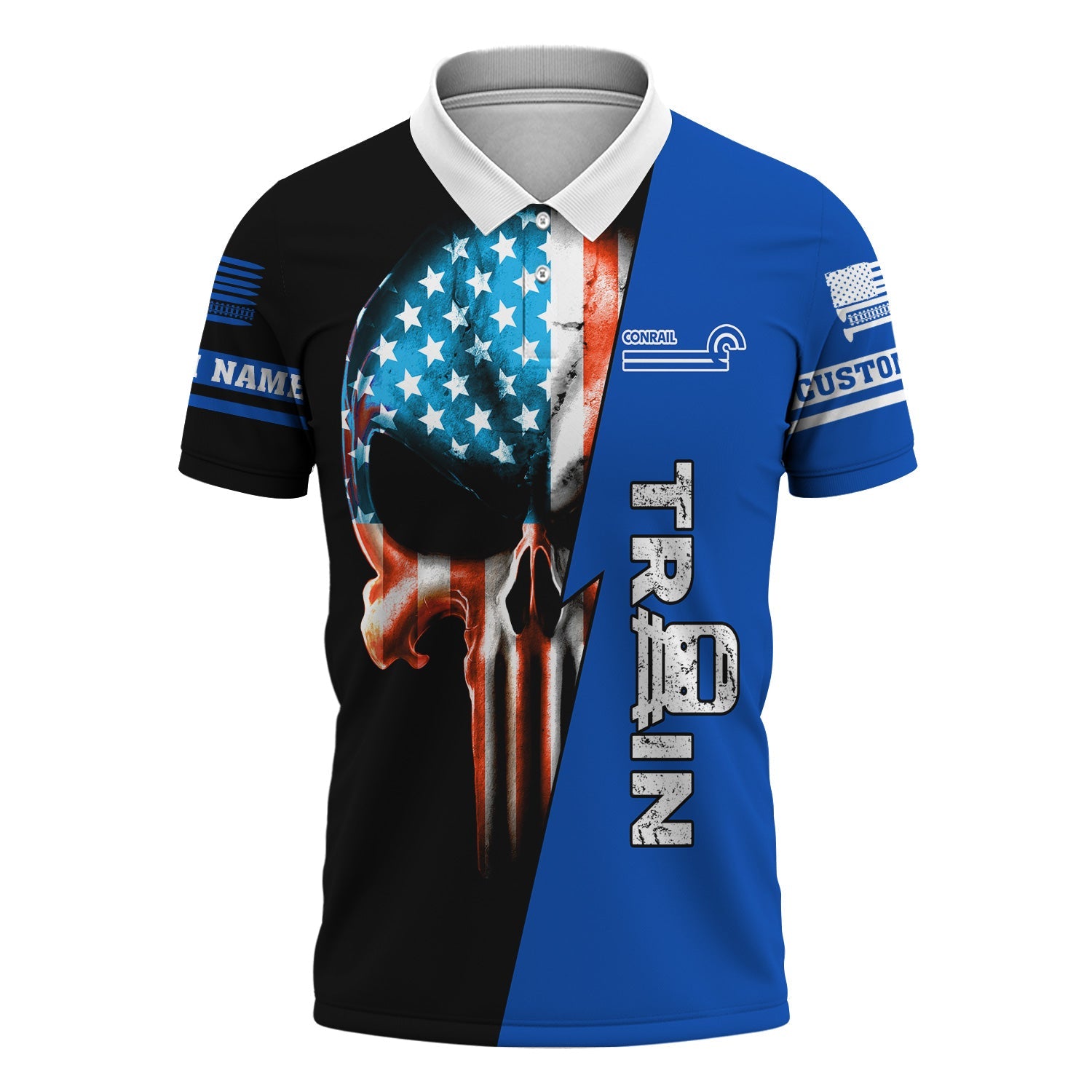 Railspirit Personalized Conrail Railroad Polo Shirt Train Skull American Flag Shirt All Over Print
