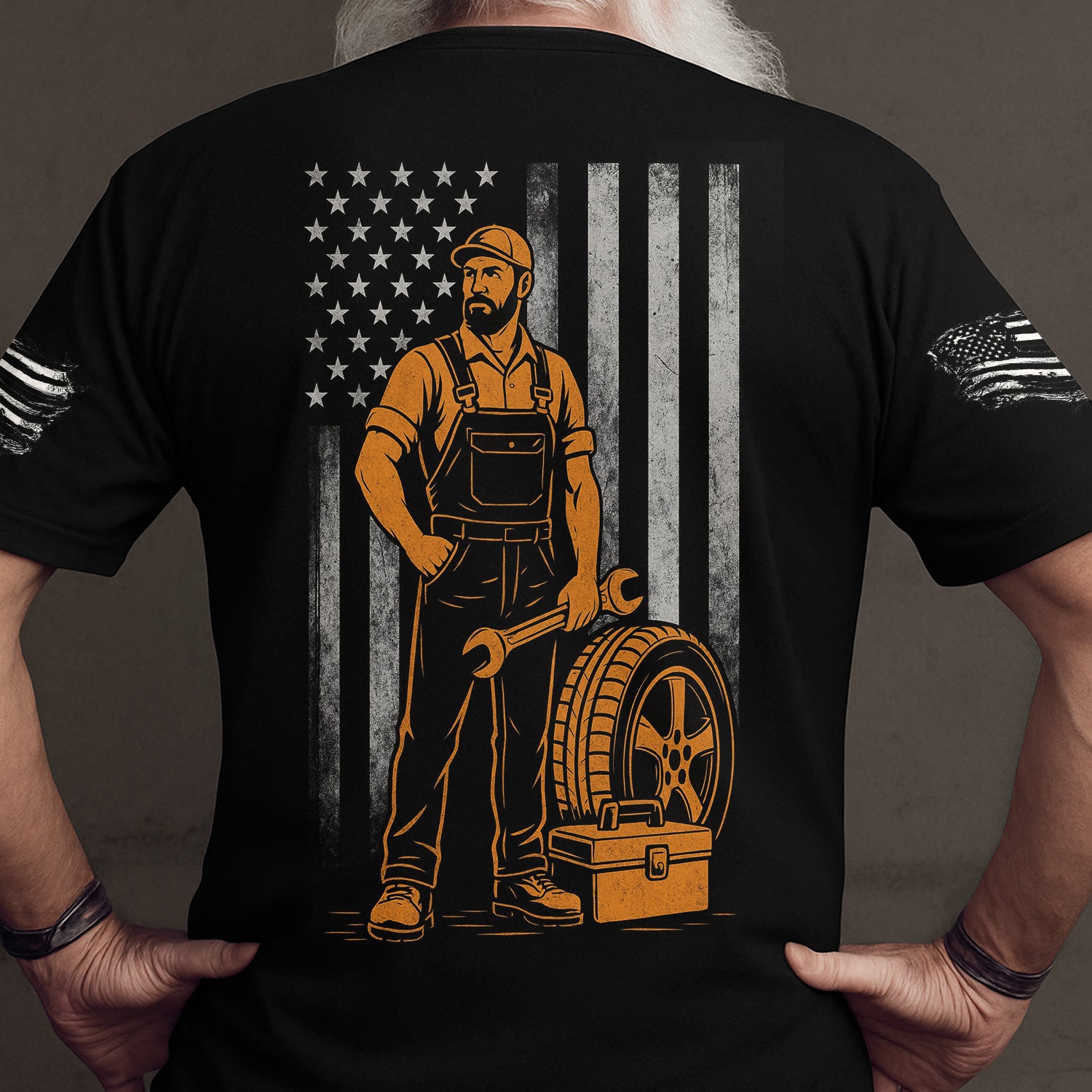 Custom Name Mechanic Shirt, Ironworker American Flag Shirt, Proud Construction Worker Tee for Men, USA Flag Back Design