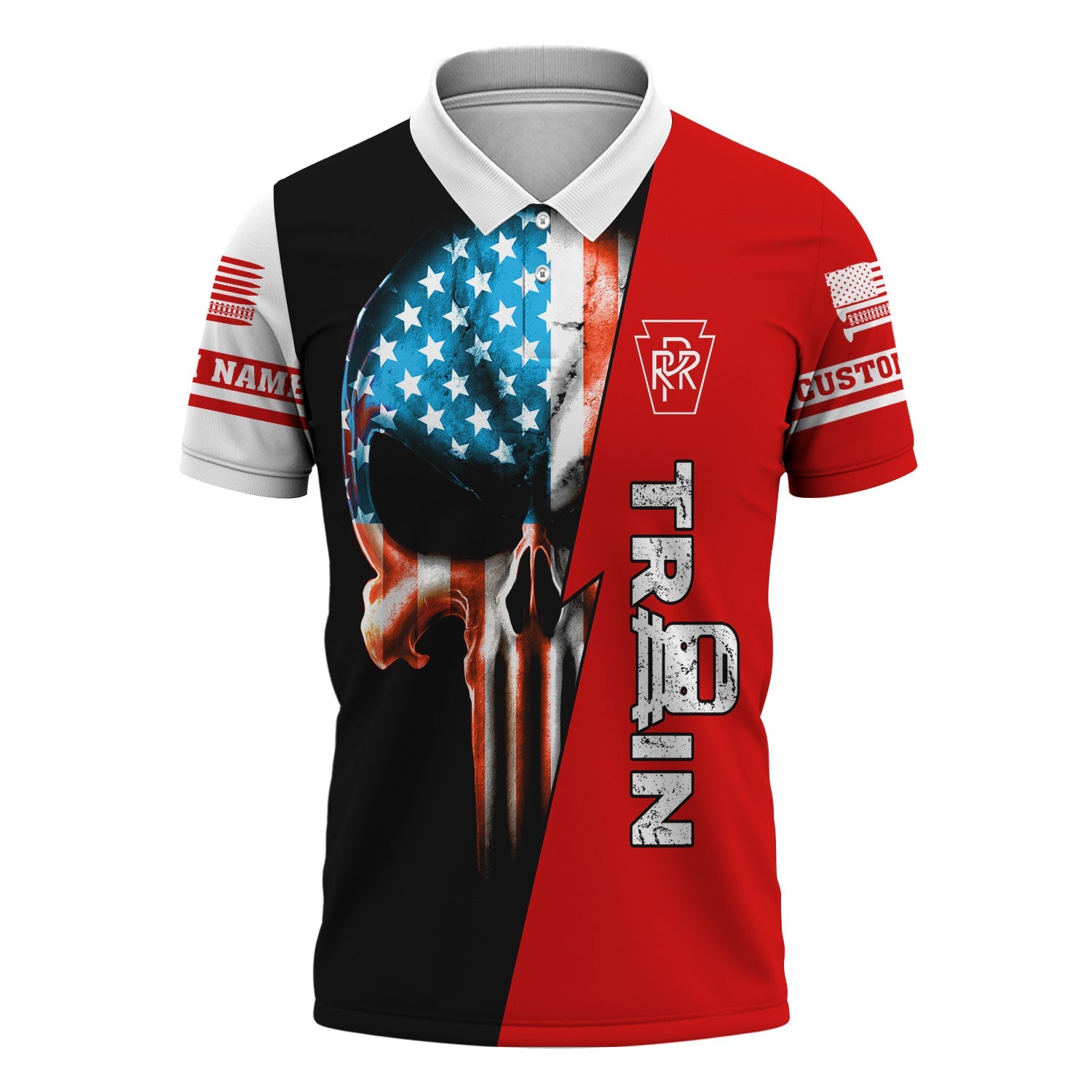 Railspirit Personalized Pennsylvania Railroad Polo Shirt Train Skull American Flag Shirt All Over Print