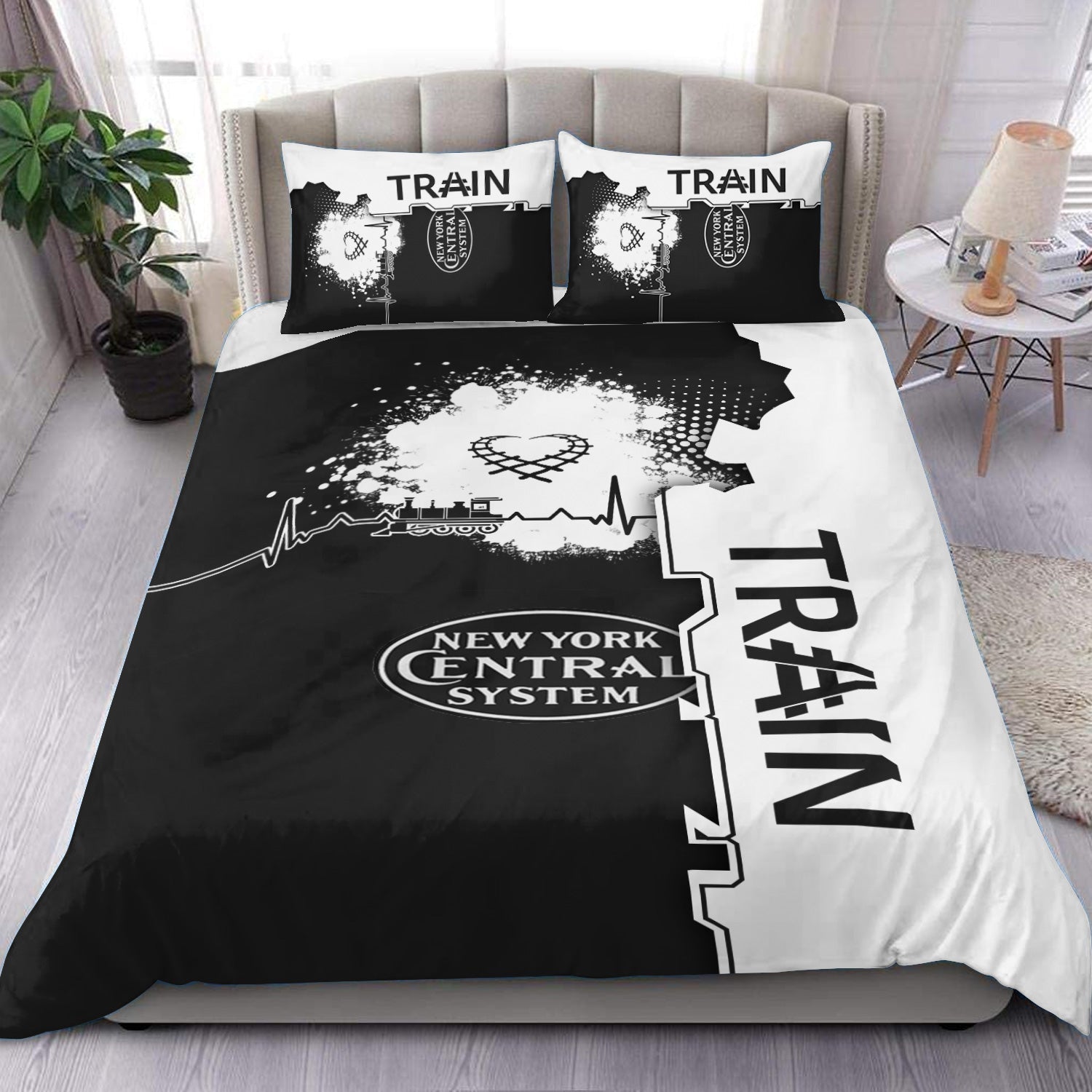 Railspirit New York Central Railroad Bedding Set Engine Heartbeat and Track Love Style Bedding Set Gift Idea For Train Lovers