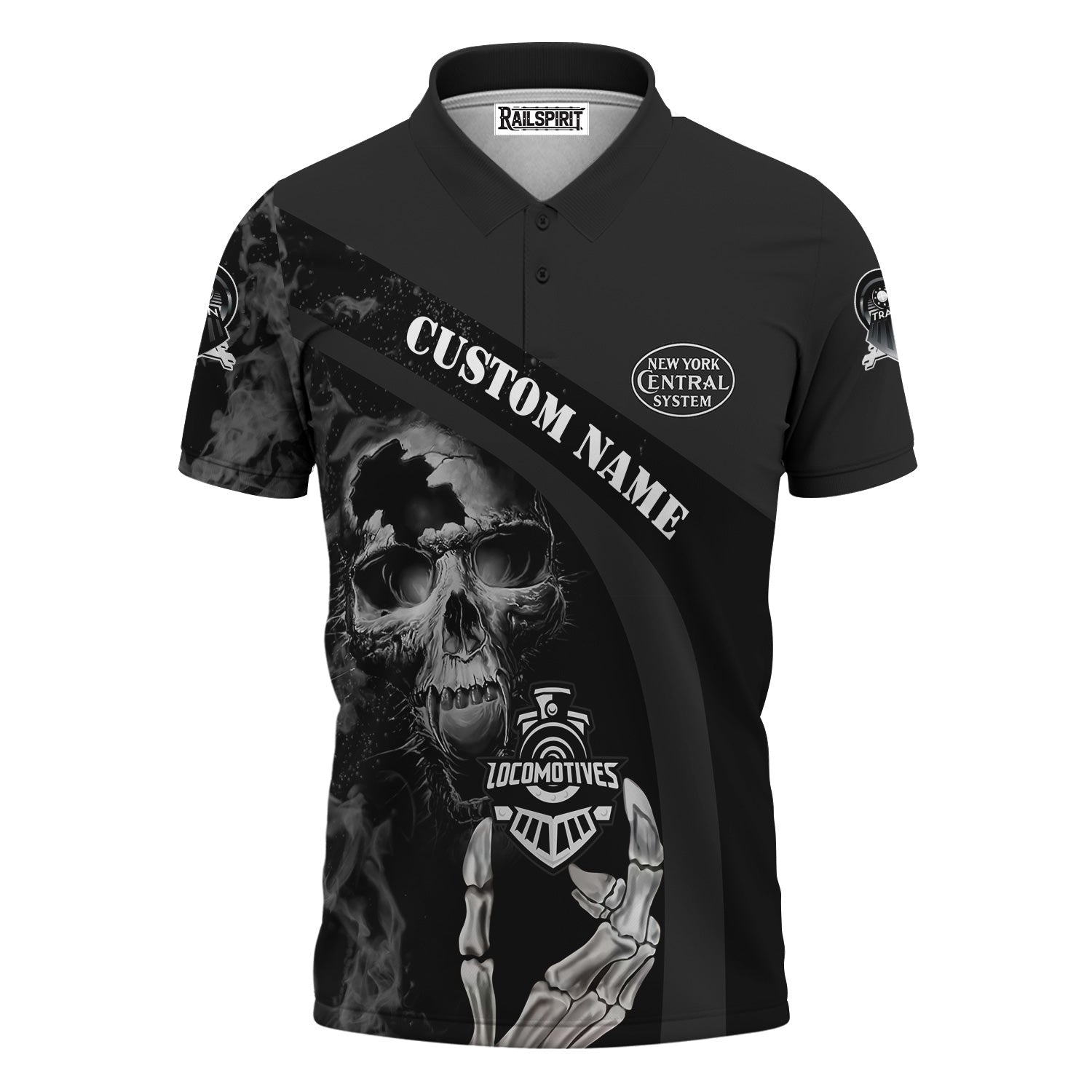 Railspirit Personalized New York Central Railroad Polo Shirt Flame Skull Design Train Shirt for Locomotive Fans