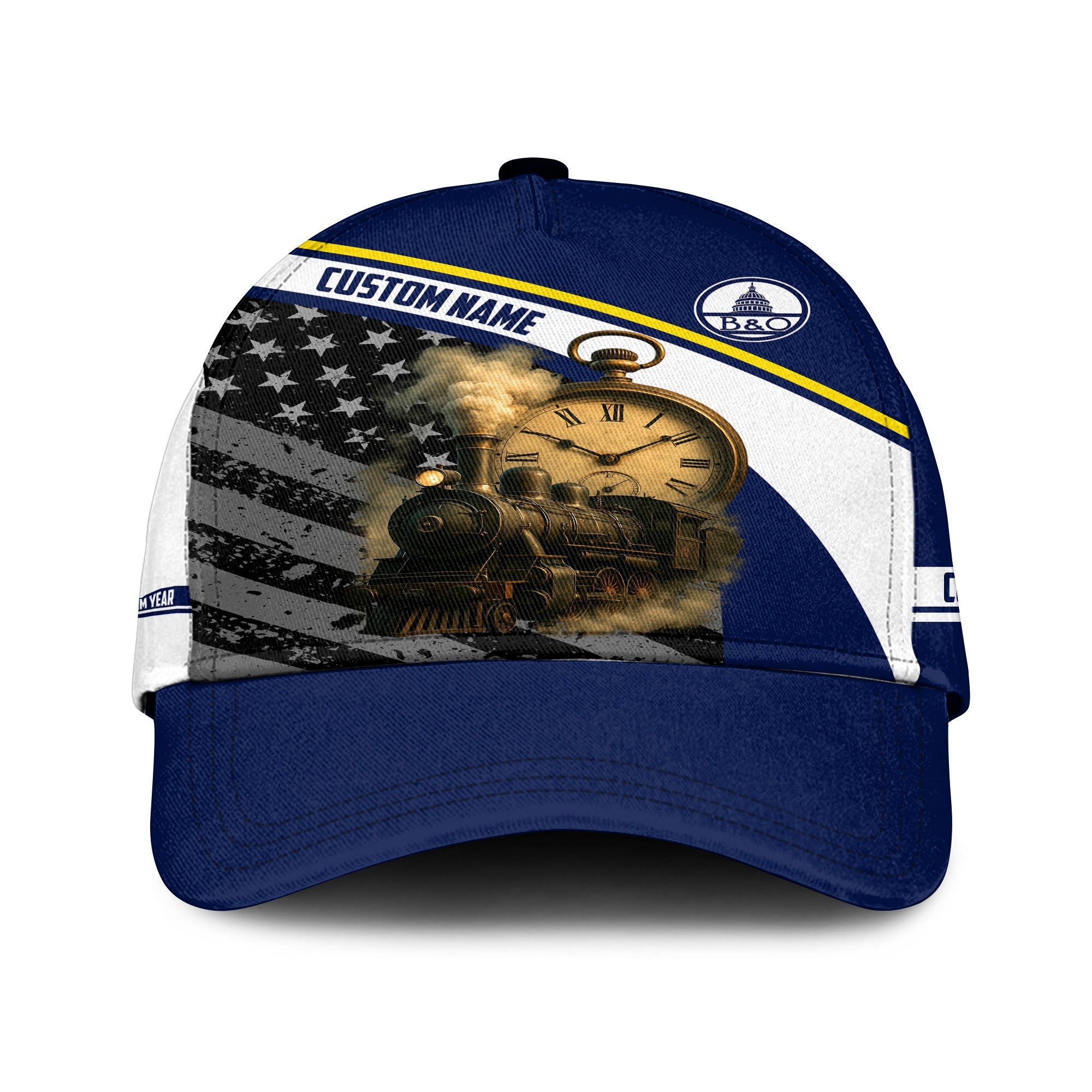 Railspirit Personalized Baltimore and Ohio Railroad Classic Cap Classic Steam Engine With Retro Pocket Watch B&O Cap All Over Print