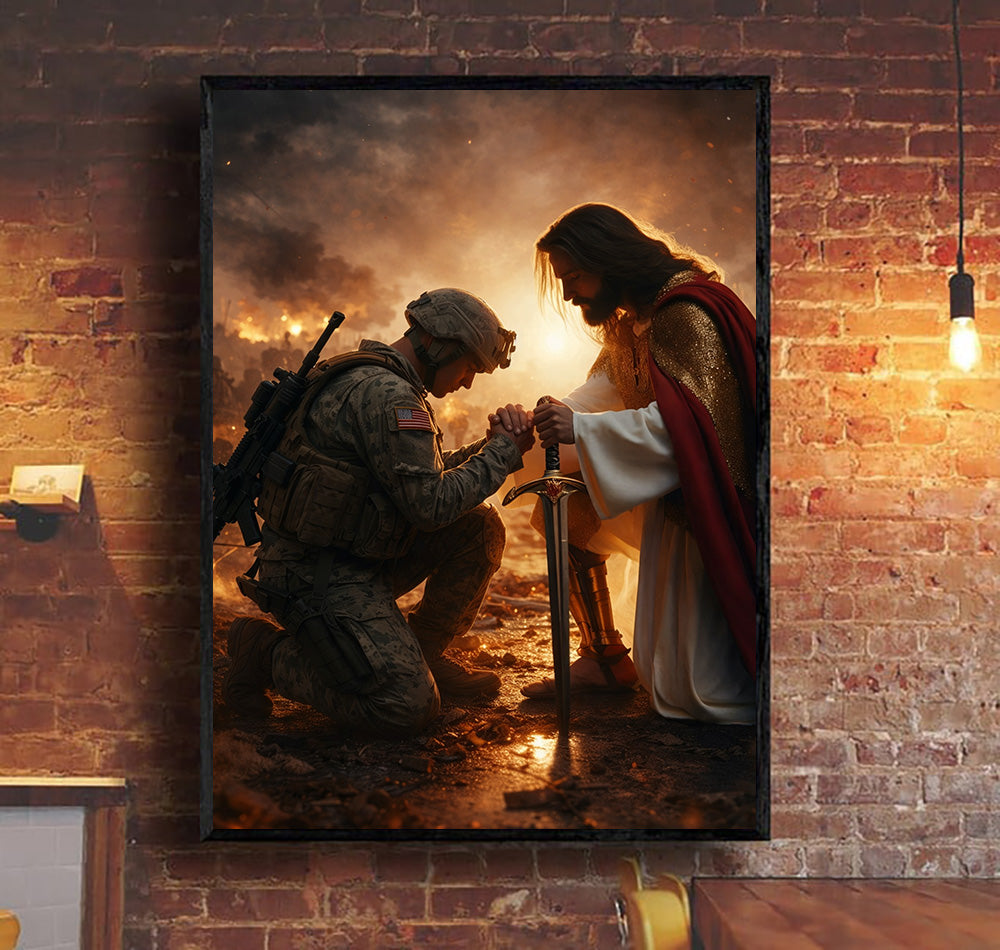 Jesus Christ Blessing Soldier Wall Art, Christian Religious Canvas Print, Faith and Prayer Artwork, Military Home Decor
