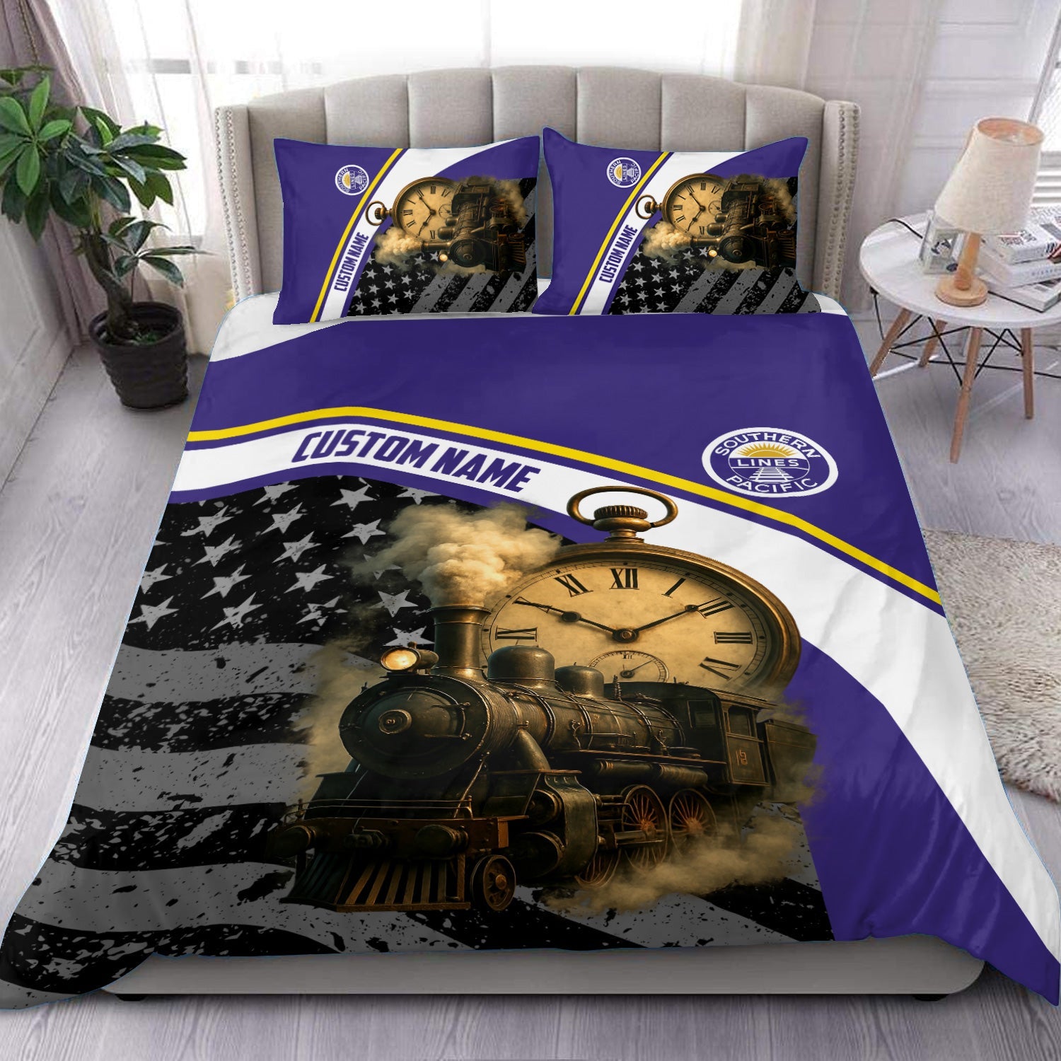 Railspirit Personalized Southern Pacific Railroad Bedding Set Classic Steam Engine With Retro Pocket Watch Bedding Set All Over Print