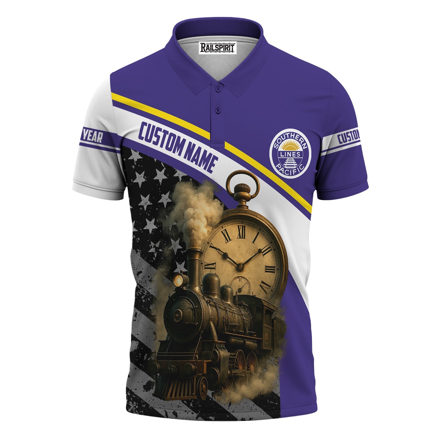 Railspirit Personalized Southern Pacific Railroad Polo Shirt Classic Steam Engine With Retro Pocket Watch Shirt All Over Print