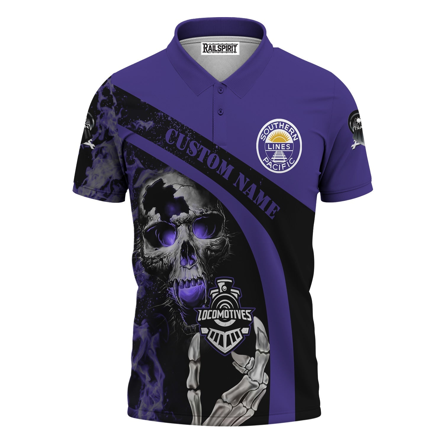 Railspirit Personalized Southern Pacific Railroad Polo Shirt Flame Skull Design Train Shirt for Locomotive Fans