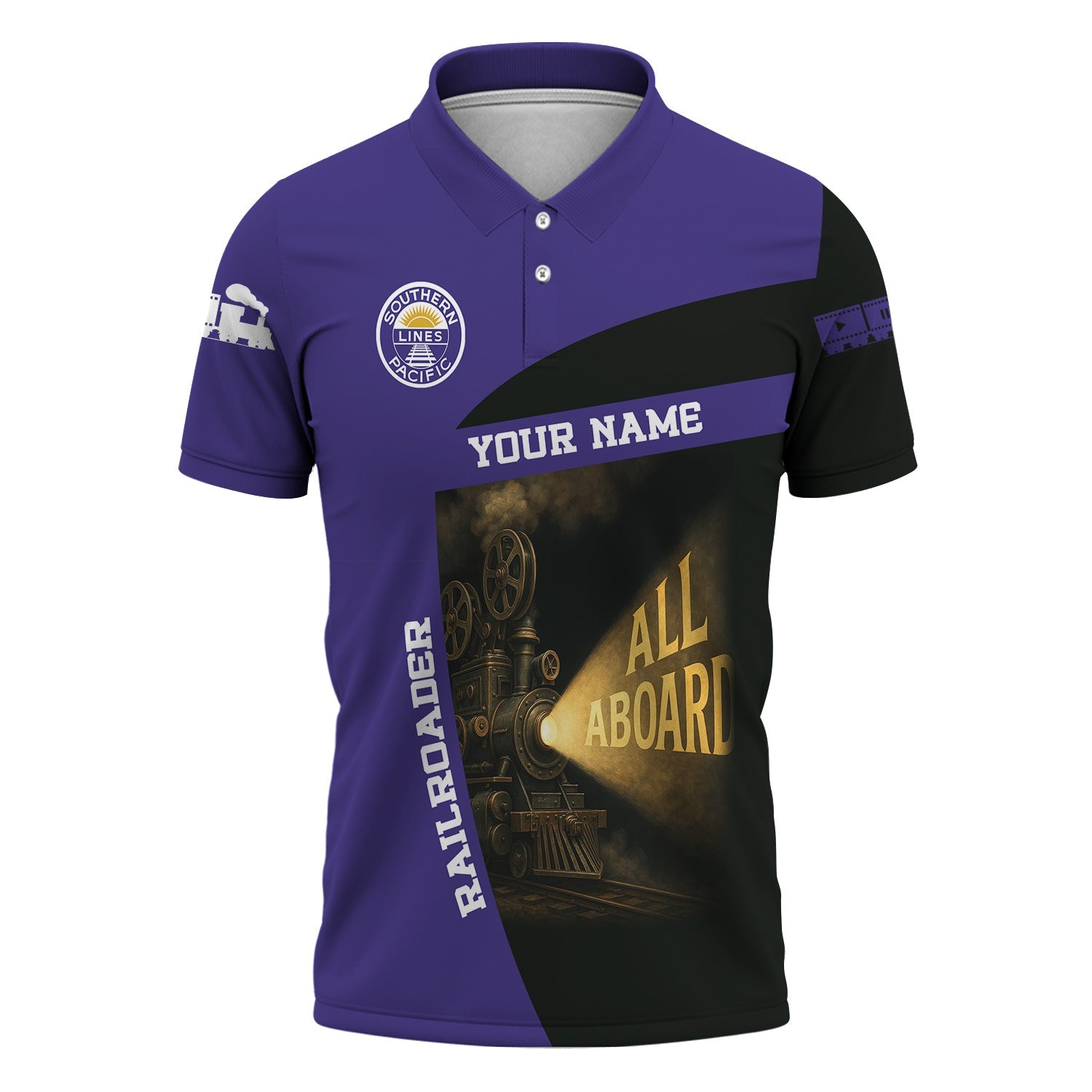 Railspirit Personalized Southern Pacific Railroad Polo Shirt All Aboard Steam Train Movie Projector Style Shirt