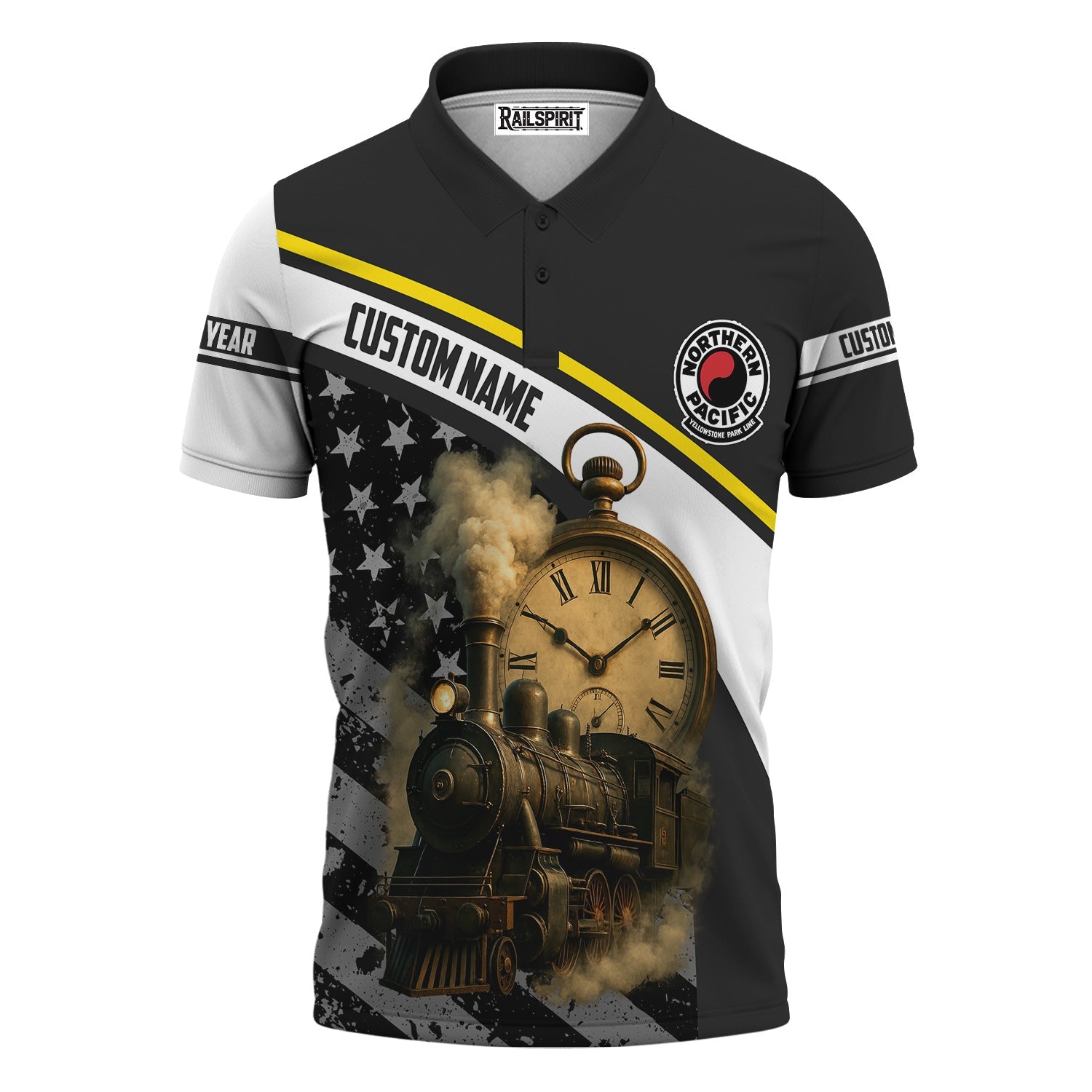 Railspirit Personalized Northern Pacific Railway Polo Shirt Classic Steam Engine With Retro Pocket Watch Shirt All Over Print