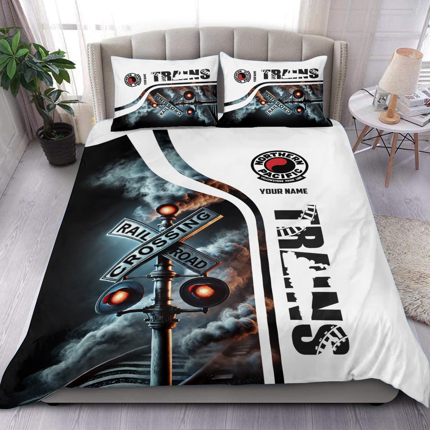 Railspirit Personalized Northern Pacific Railway Bedding Set Railroad Crossing Sign Bedding Set All Over Print