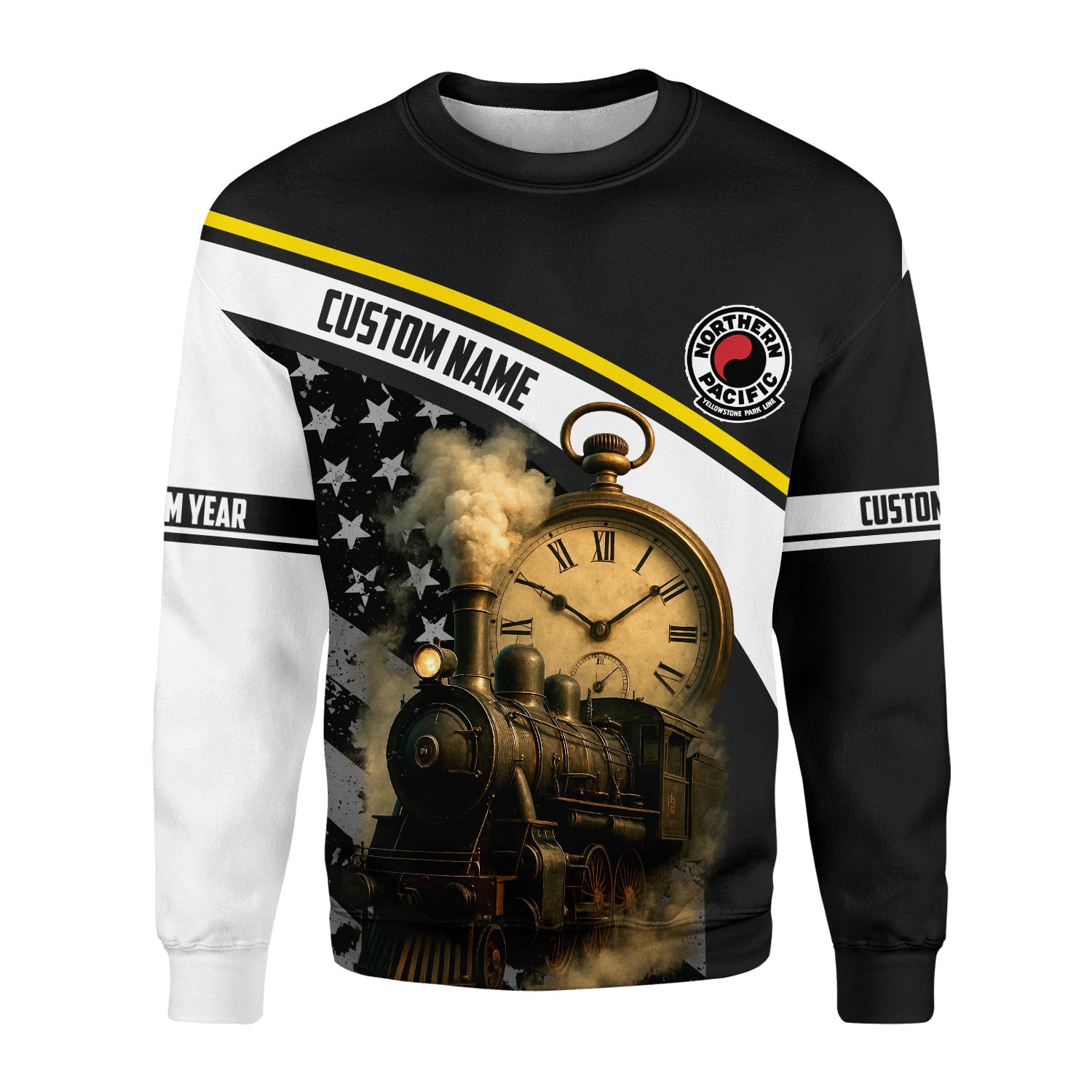 Railspirit Personalized Northern Pacific Railway Sweatshirt Classic Steam Engine With Retro Pocket Watch Shirt All Over Print