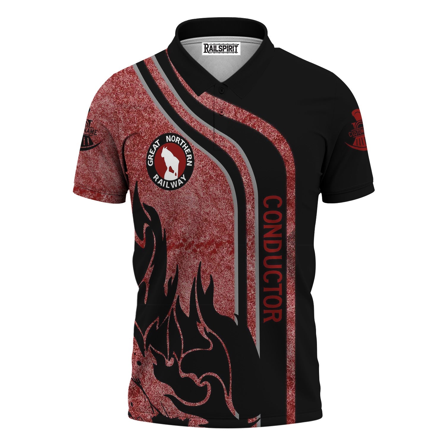 Railspirit Personalized Great Northern Railway Polo Shirt Flame Design with Custom Job Position GNR Train Shirt