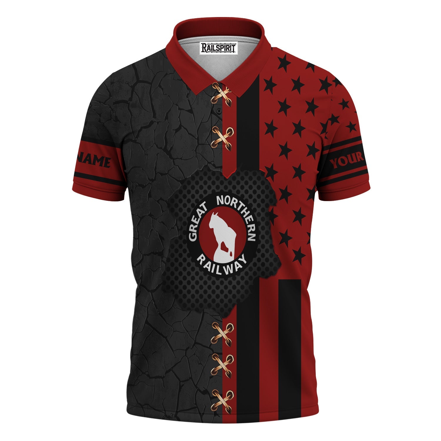 Railspirit Personalized Great Northern Railway Polo Shirt American Flag with Crack Effect GNR Train Shirt