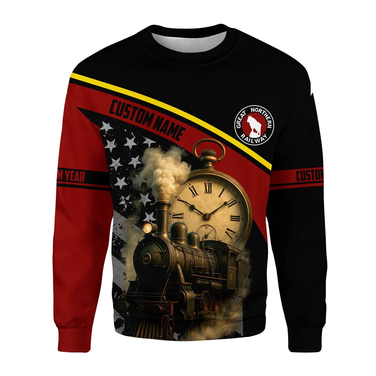 Railspirit Personalized Great Northern Railway Sweatshirt Classic Steam Engine With Retro Pocket Watch GNR Shirt All Over Print
