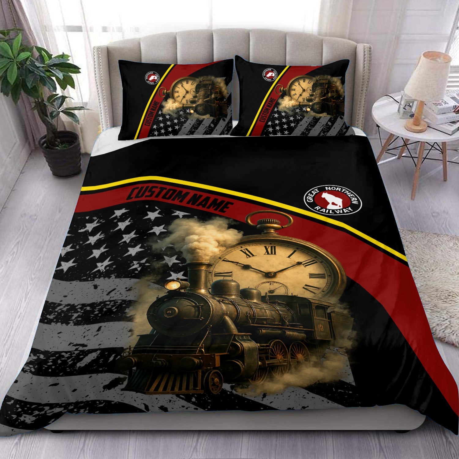 Railspirit Personalized Great Northern Railway Bedding Set Classic Steam Engine With Retro Pocket Watch GNR Bedding Set All Over Print
