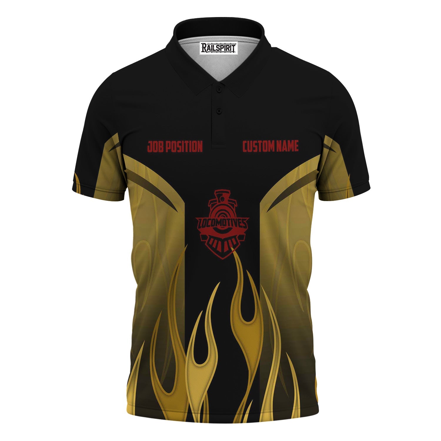 Railspirit Custom Name and Job Title Great Northern Railway Polo Shirt Flame Graphic GNR Train Shirt