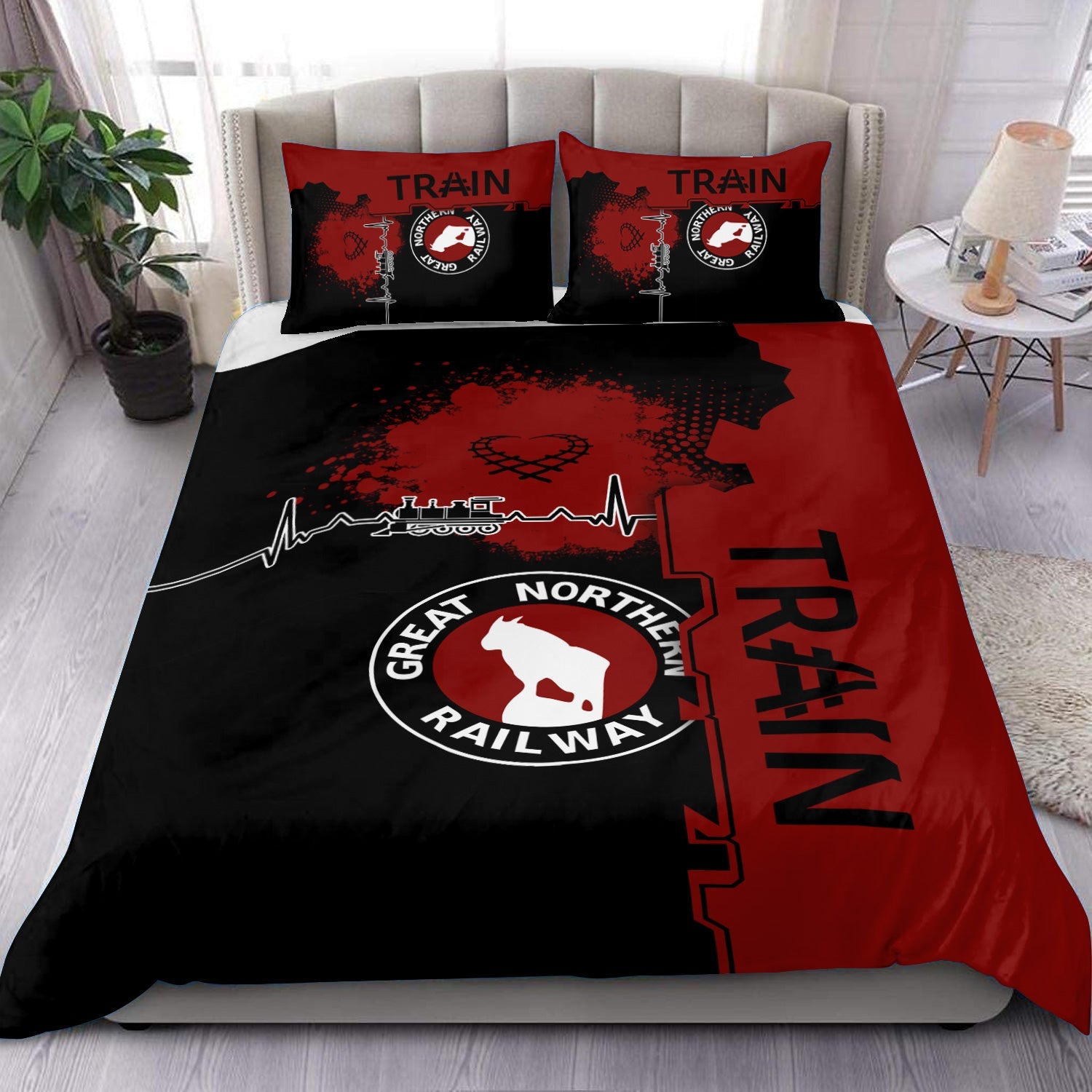 Railspirit Great Northern Railway Bedding Set Engine Heartbeat and Track Love Style GNR Bedding Set Gift Idea For Train Lovers
