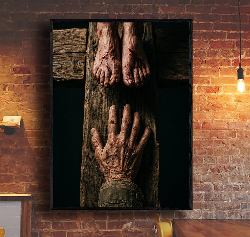 Jesus Crucifixion Printed Canvas, Father’s Day Gift for Dad, Christian Wall Art Decor with Hand Reaching to Cross and Faith Design