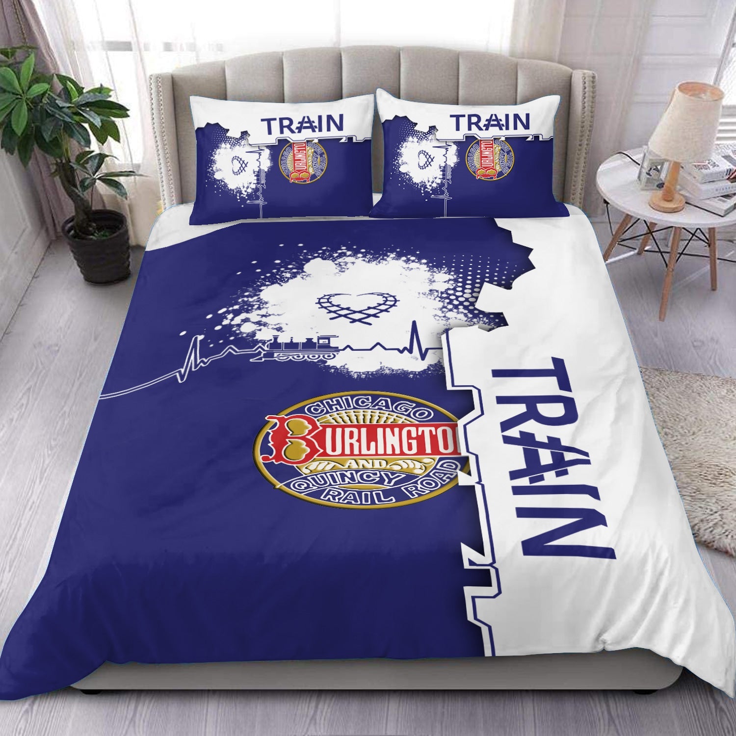 Railspirit Chicago, Burlington and Quincy Railroad Bedding Set Engine Heartbeat and Track Love Style Bedding Set Gift Idea For Train Lovers
