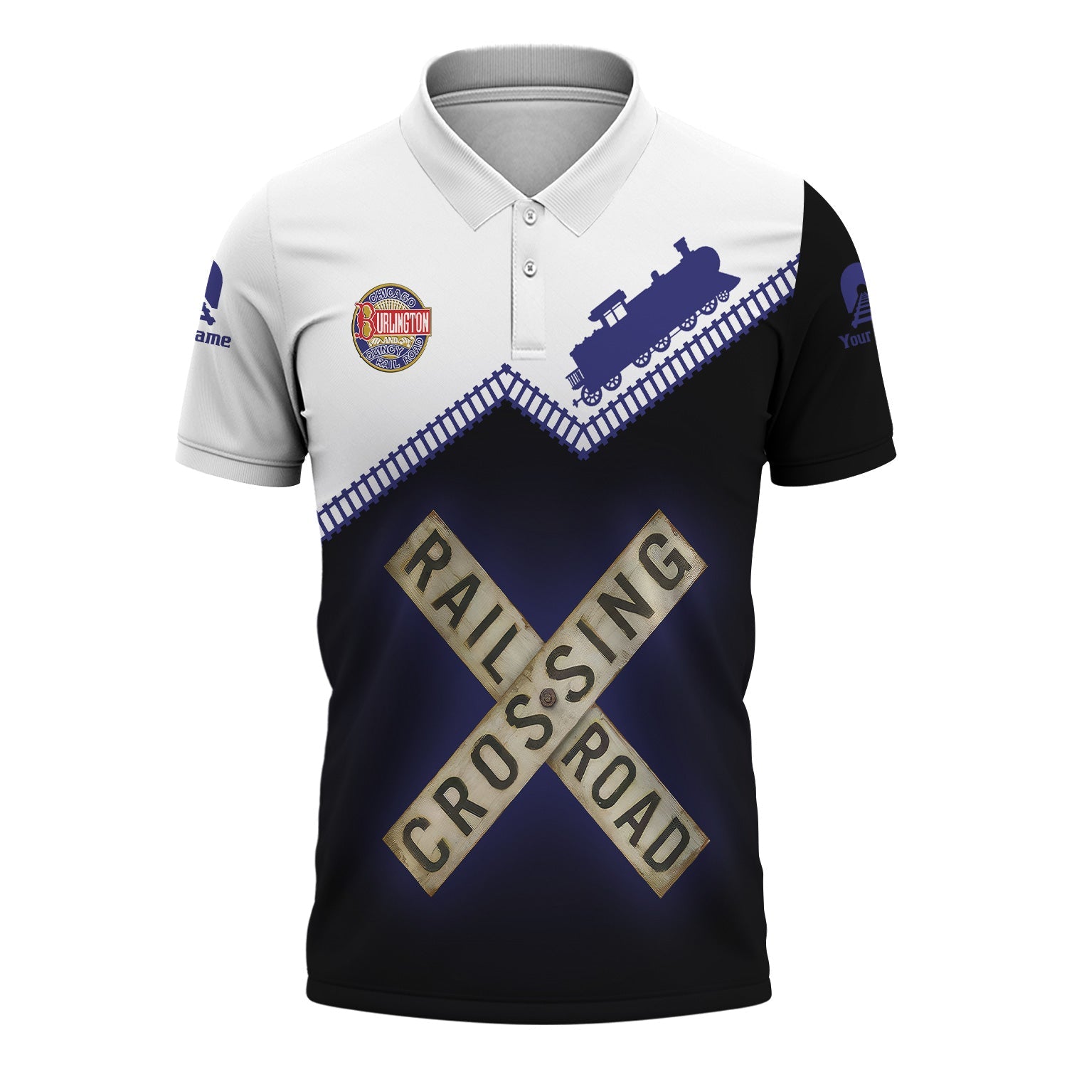 Railspirit Personalized Chicago, Burlington and Quincy Railroad Polo Shirt Railroad Crossing  Printed Train Track Shirt