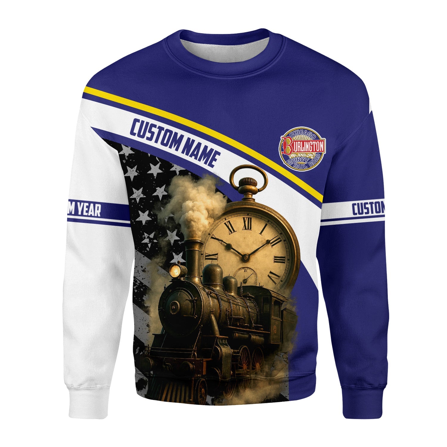 Railspirit Personalized Chicago, Burlington and Quincy Railroad Sweatshirt Classic Steam Engine With Retro Pocket Watch Shirt All Over Print