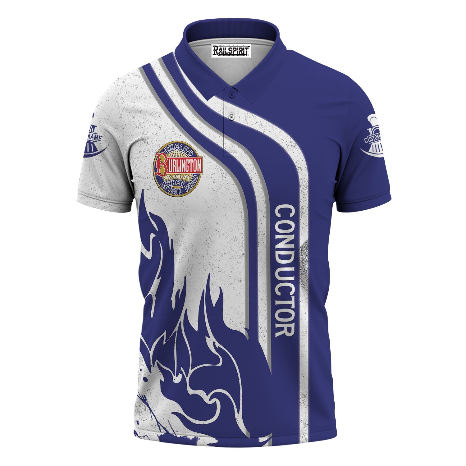 Railspirit Personalized Chicago, Burlington and Quincy Railroad Polo Shirt Flame Design with Custom Job Position Train Shirt