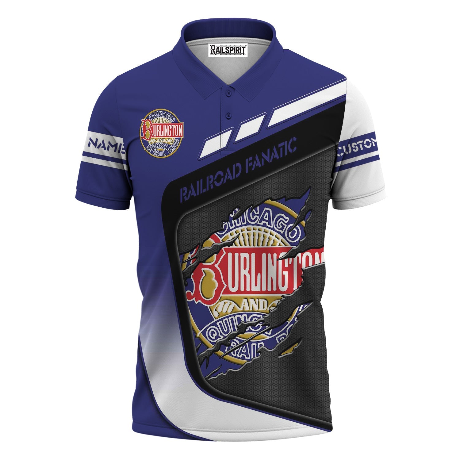 Railspirit Personalized Chicago, Burlington and Quincy Railroad Polo Shirt Ripped Texture Style Train Shirt For Railroad Fanatic