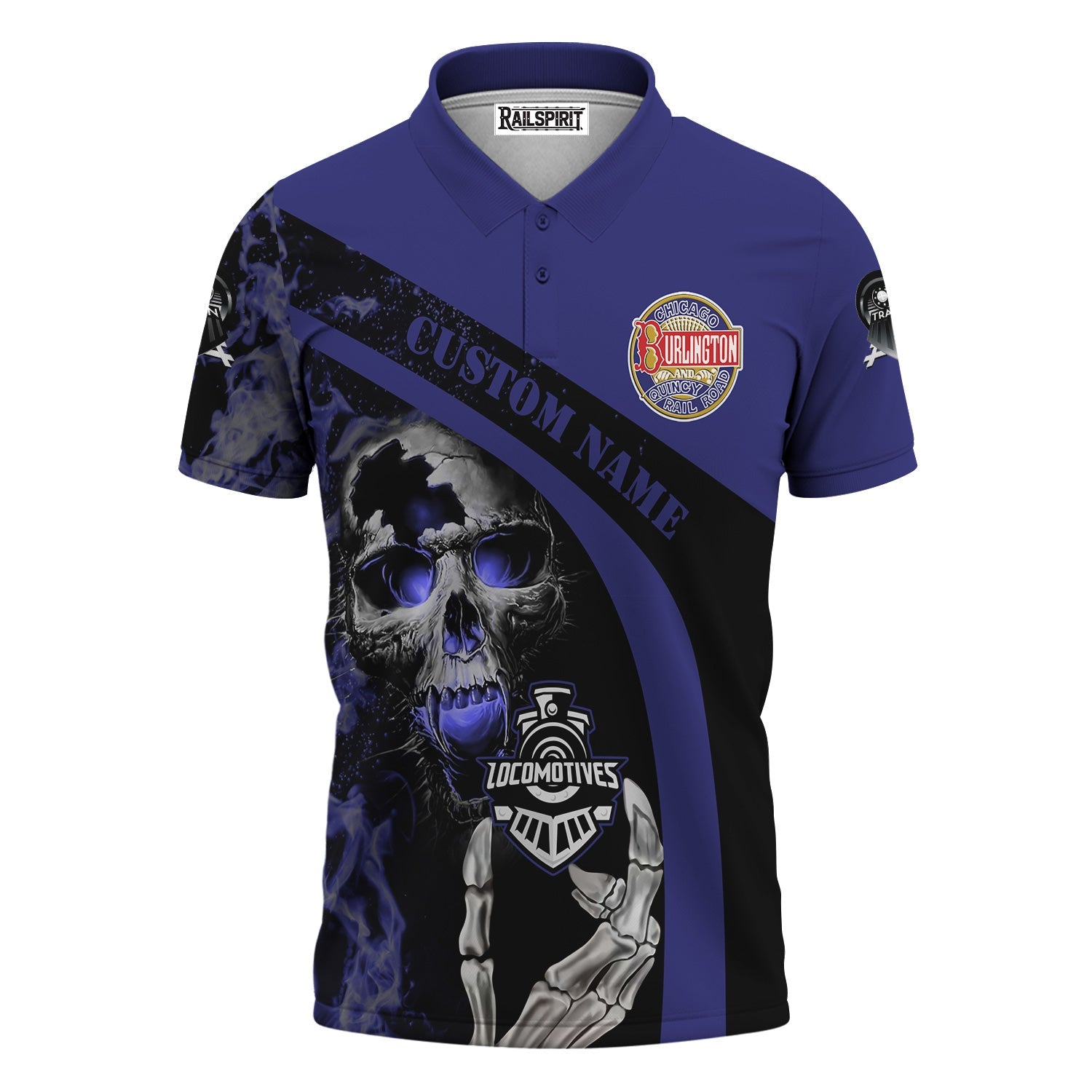 Railspirit Personalized Chicago, Burlington and Quincy Railroad Polo Shirt Flame Skull Design Train Shirt for Locomotive Fans