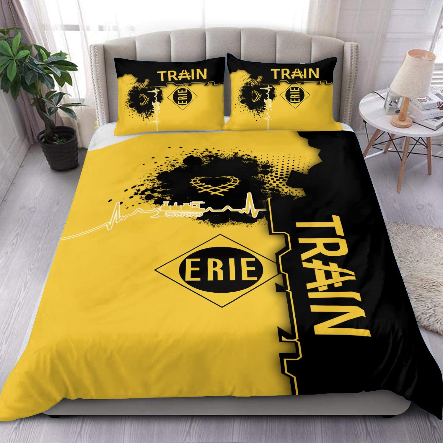 Railspirit Erie Railroad Bedding Set Engine Heartbeat and Track Love Style Bedding Set Gift Idea For Train Lovers
