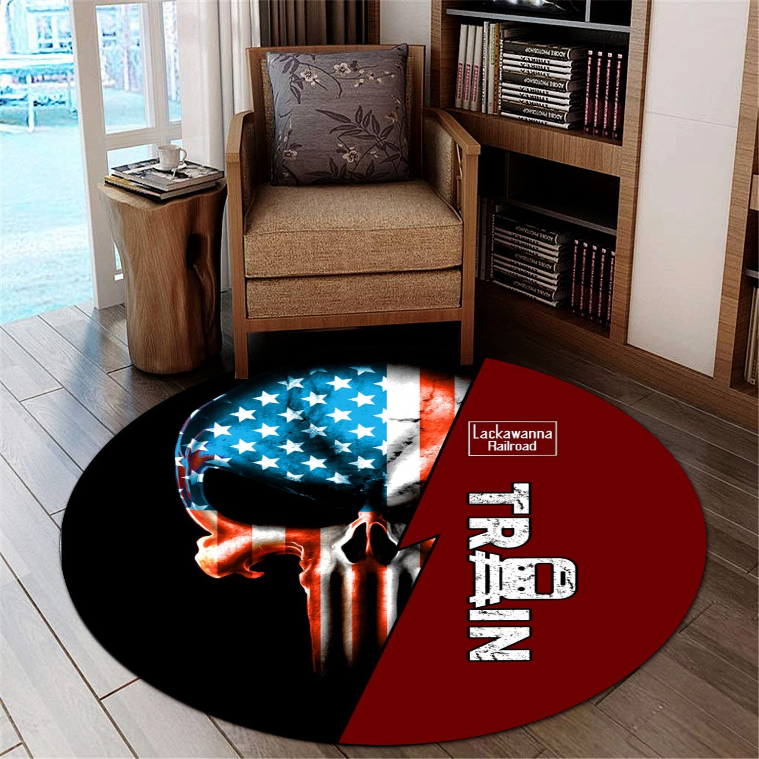 Railspirit Delaware, Lackawanna and Western Railroad Round Mat Train Skull American Flag Style DL&W Mat All Over Print