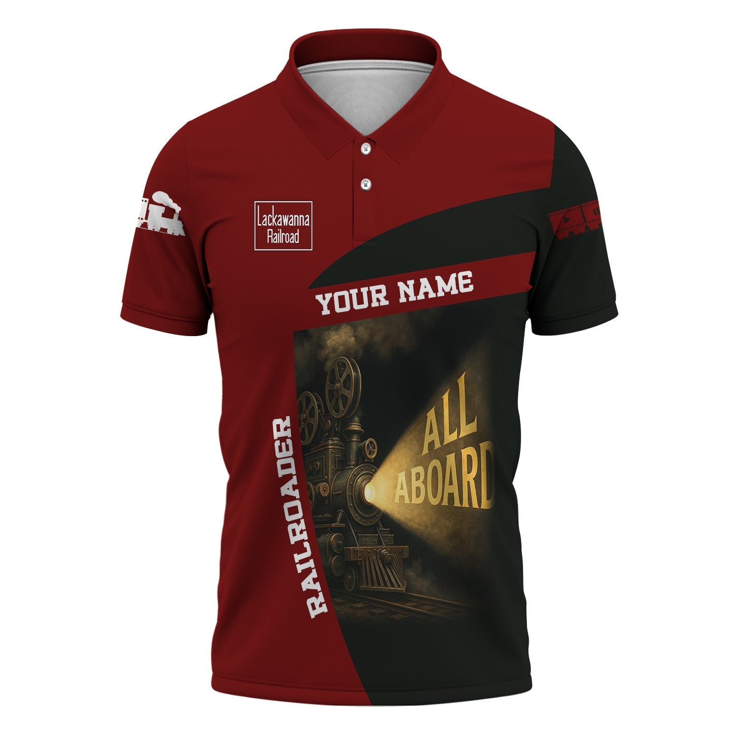 Railspirit Personalized Delaware, Lackawanna and Western Railroad Polo Shirt All Aboard Steam Train Movie Projector Style DL&W Shirt