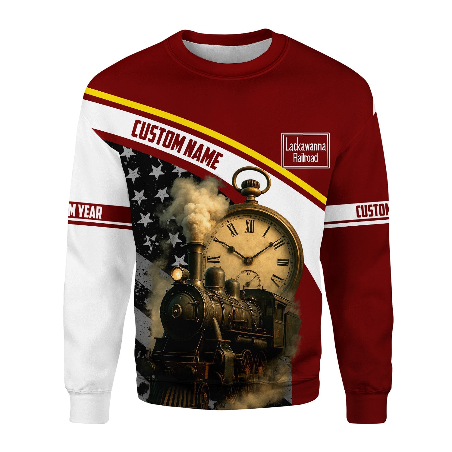 Railspirit Personalized Delaware, Lackawanna and Western Railroad Sweatshirt Classic Steam Engine With Retro Pocket Watch DL&W Shirt All Over Print