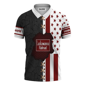 Railspirit Personalized Delaware, Lackawanna and Western Railroad Polo Shirt American Flag with Crack Effect DL&W Train Shirt