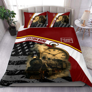 Railspirit Personalized Delaware, Lackawanna and Western Railroad Bedding Set Classic Steam Engine With Retro Pocket Watch DL&W Bedding Set