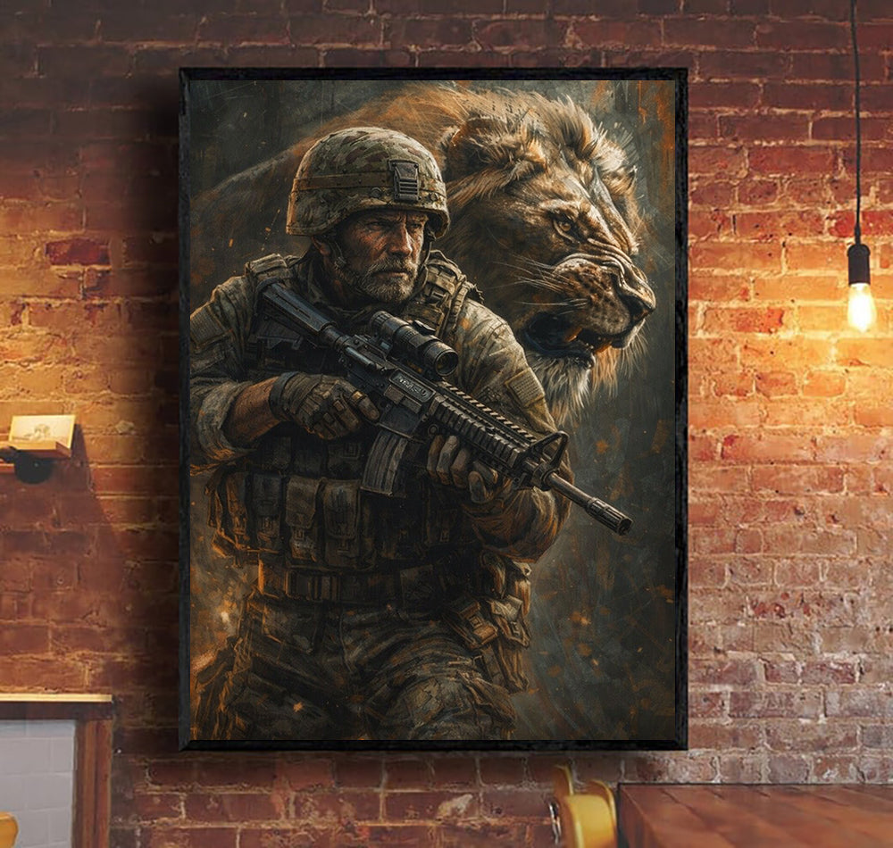 Lion Warrior Canvas Wall Art Strong Soldier With Lion Spirit Father Day Gift Idea For Dad Military Style Home Decor