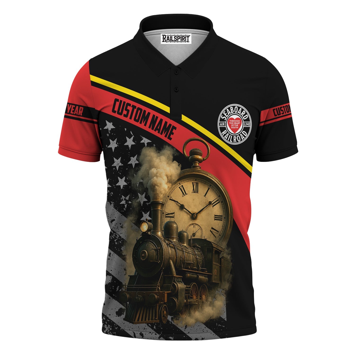 Railspirit Personalized Seaboard Air Line Railroad Polo Shirt Classic Steam Engine With Retro Pocket Watch Shirt All Over Print