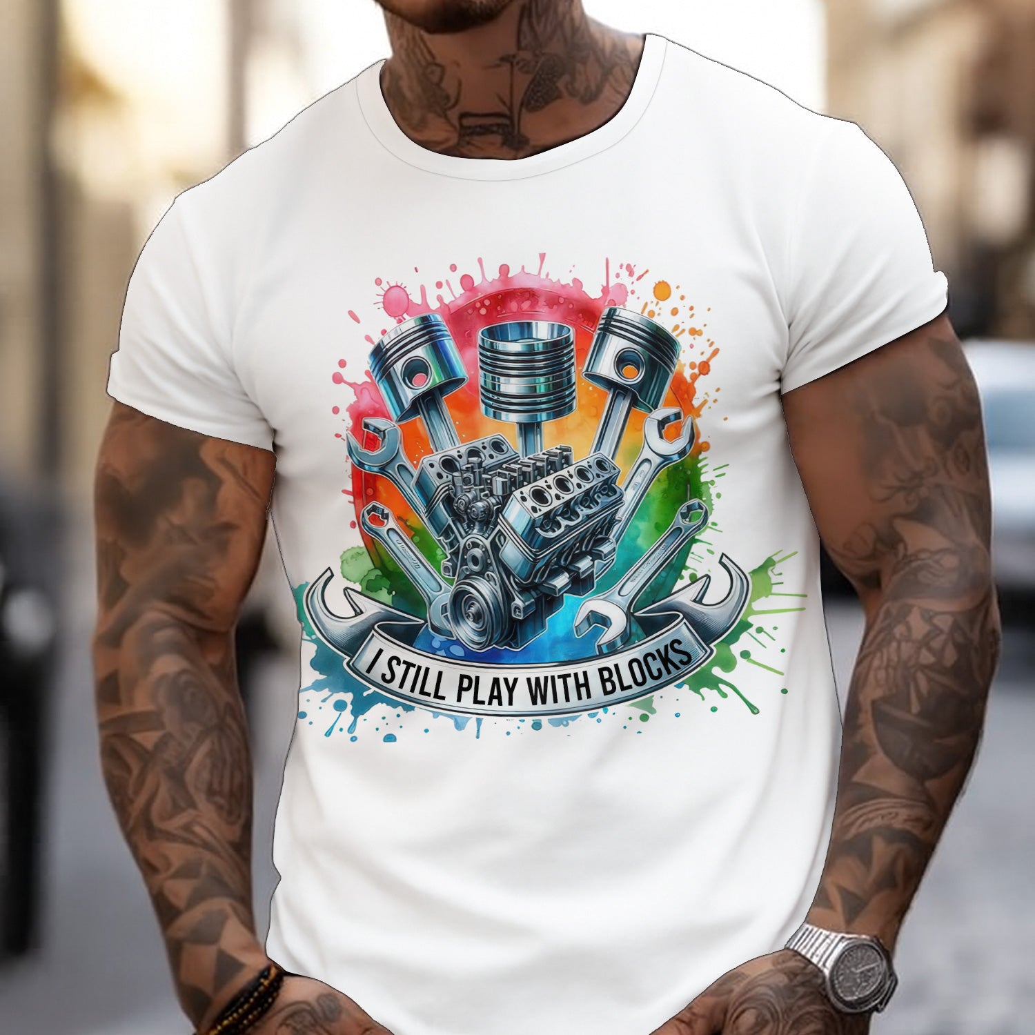 Mens Mechanic Shirt, Funny Engine Block Car Repair Graphic Tee with Pistons and Tools for Auto Repair Garage Technician Gift