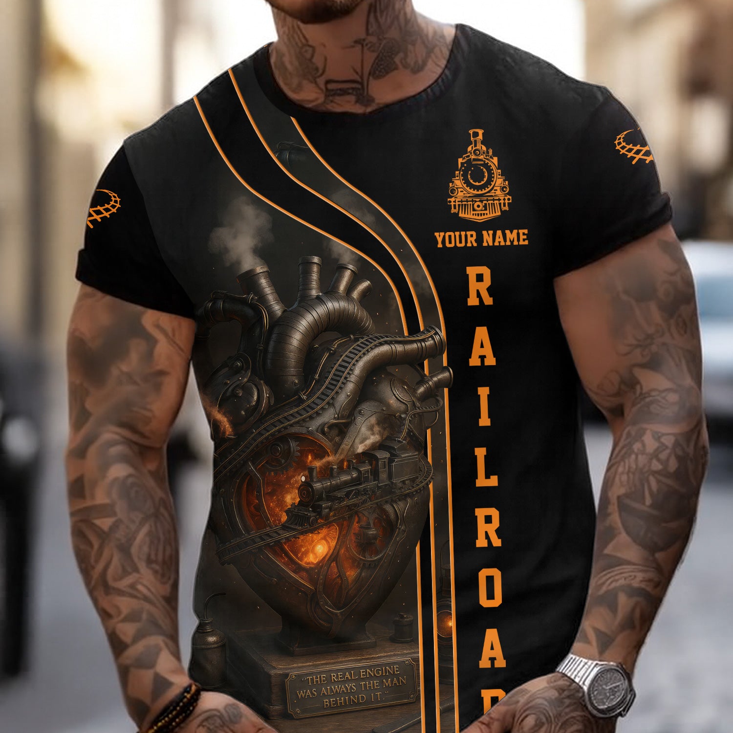 Custom Name Steam Train T-shirt, The Real Engine Was Always The Man Behind, Vintage Train and Engine Heart Design, Train Lover Gift