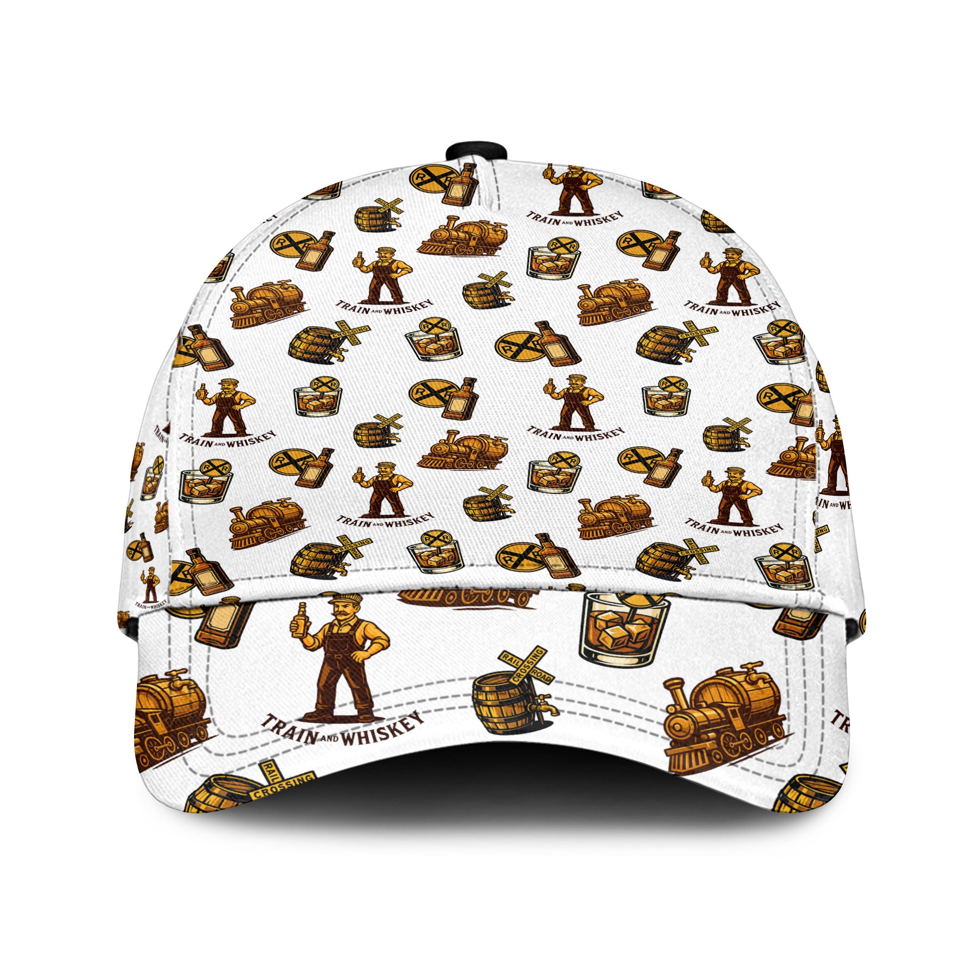 Railspirit Classic Cap Train and Whiskey Pattern Funny Design Train Cap for Railroad Fanatic