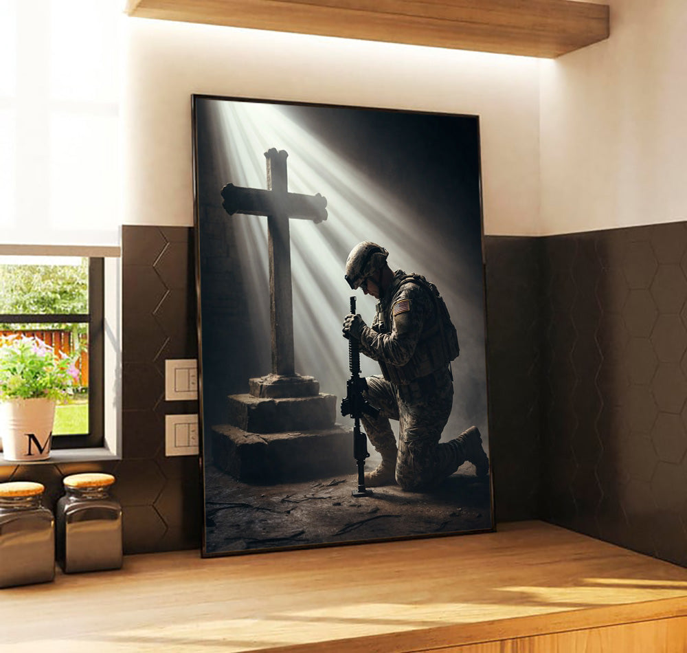 Christian Soldier Prayer Canvas Wall Art Military Cross Light Veteran Memorial Print Faith Decor Patriotic Tribute Gift for Veteran