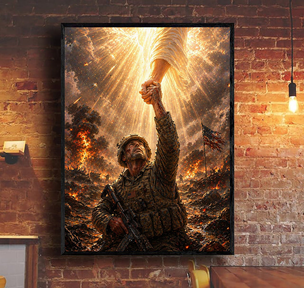 Soldier Holding Hand Of Angel In Heaven Light Faith Canvas Wall Art Father Day Gift For Dad Christian Veteran Spiritual Decor