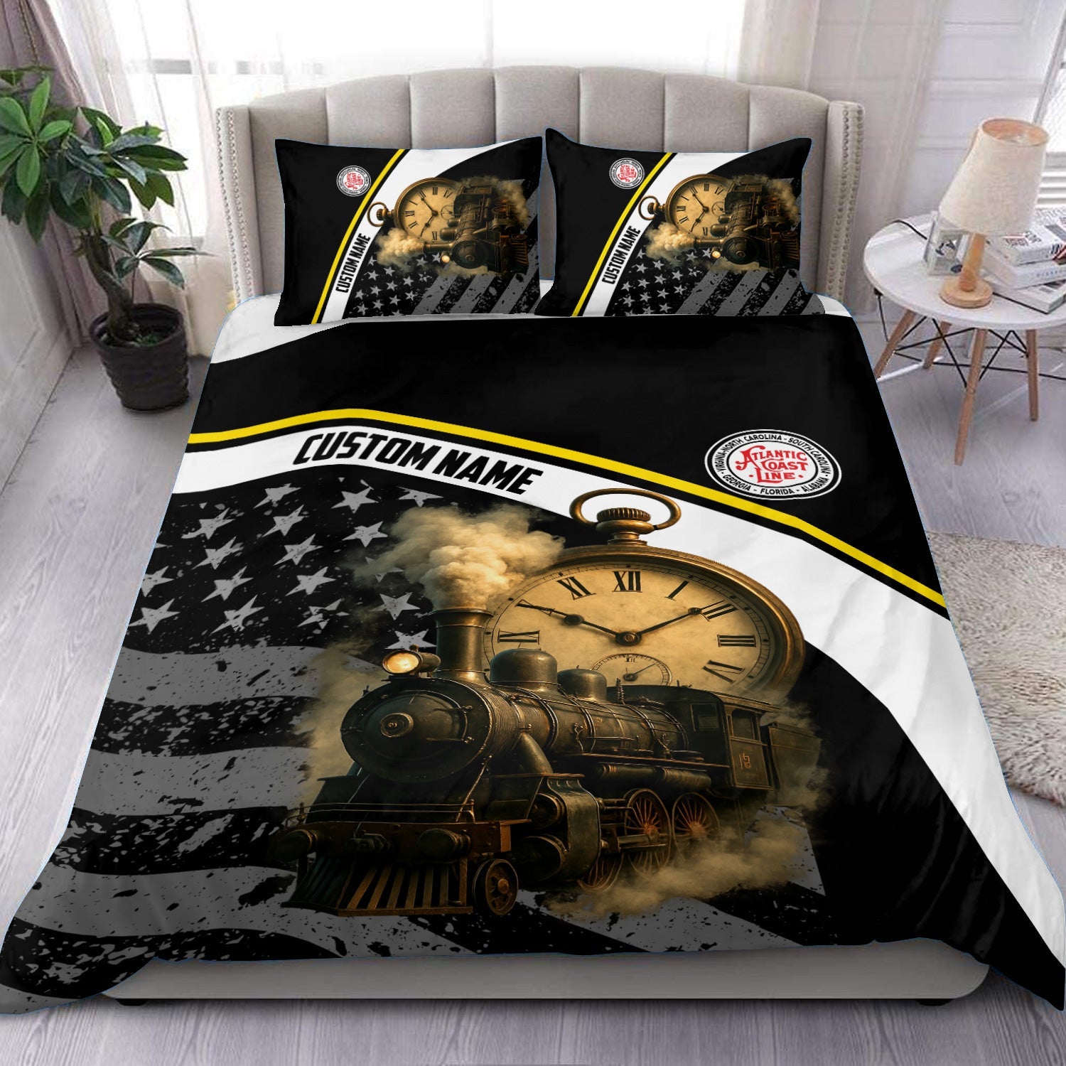 Railspirit Personalized Atlantic Coast Line Railroad Bedding Set Classic Steam Engine With Retro Pocket Watch Bedding Set All Over Print