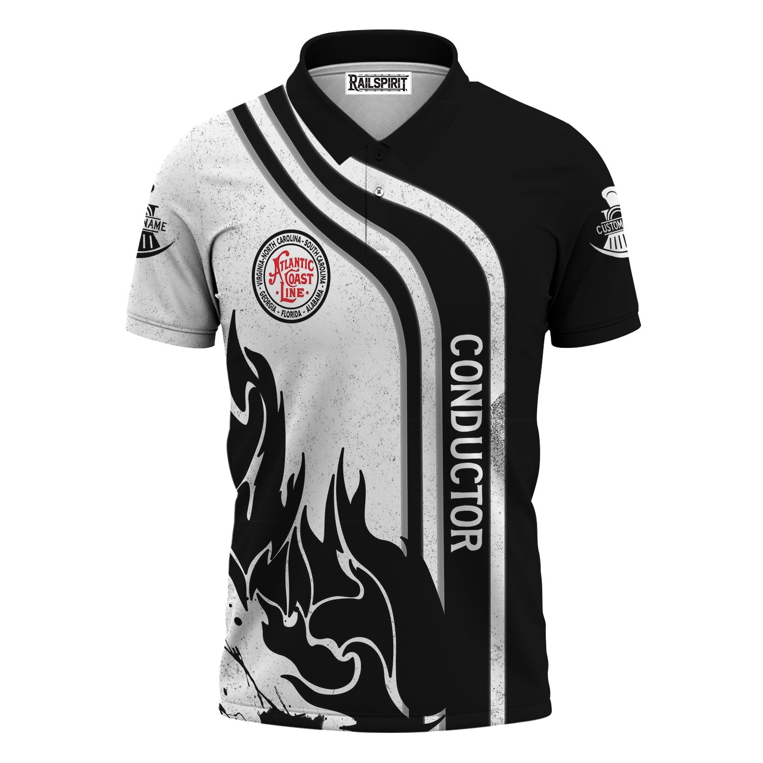 Railspirit Personalized Atlantic Coast Line Railroad Polo Shirt Flame Design with Custom Job Position Train Shirt