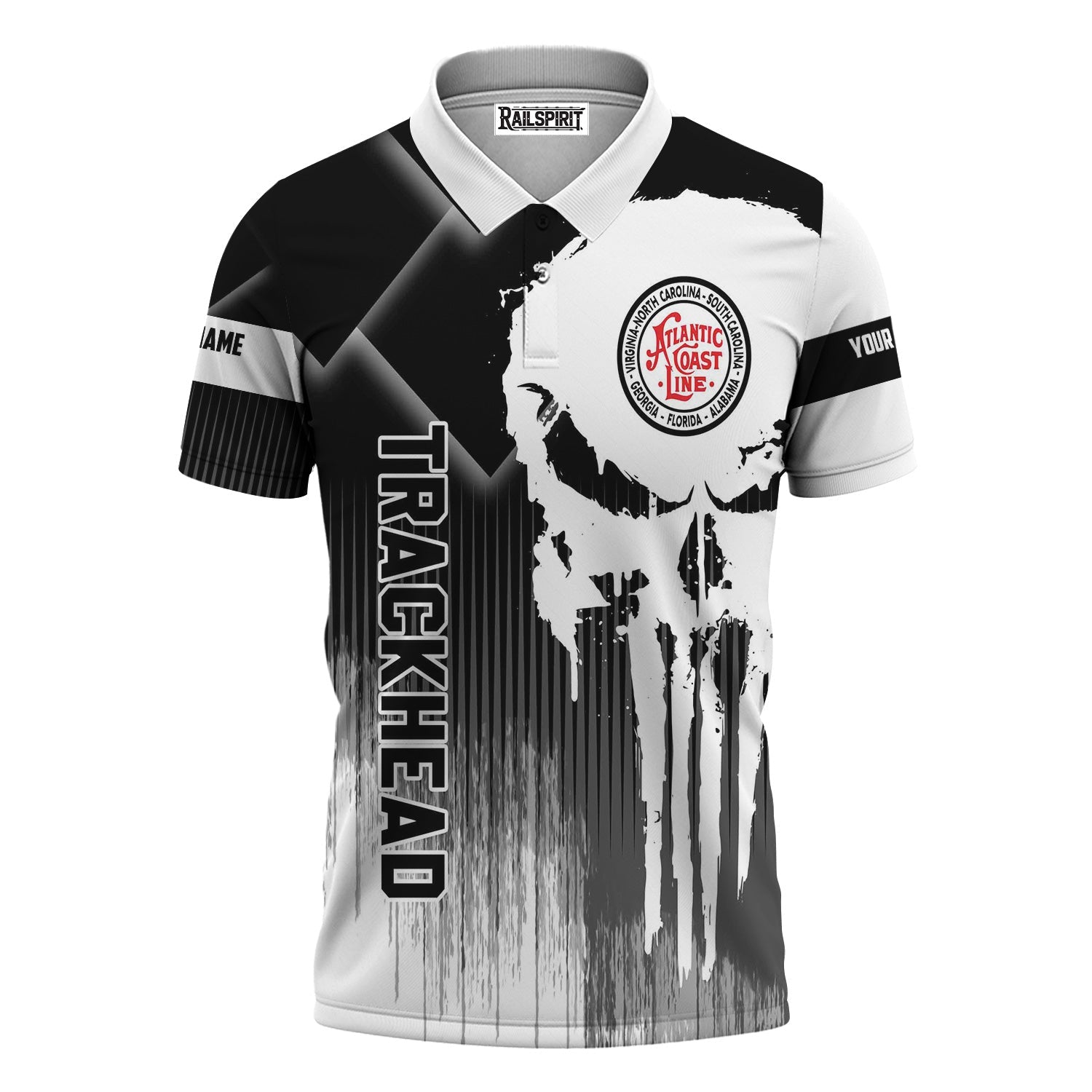 Railspirit Personalized Atlantic Coast Line Railroad Polo Shirt Skull Design with Custom Job Train Shirt for Trackhead Crew