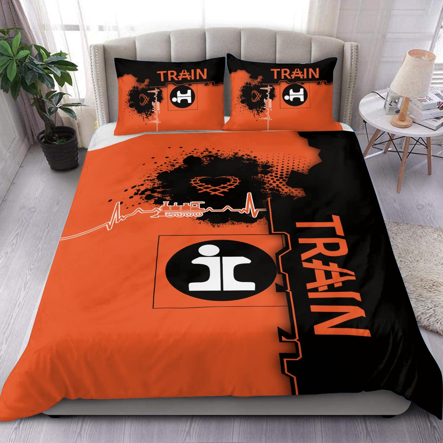 Railspirit Illinois Central Railroad Bedding Set Engine Heartbeat and Track Love Style Bedding Set Gift Idea For Train Lovers