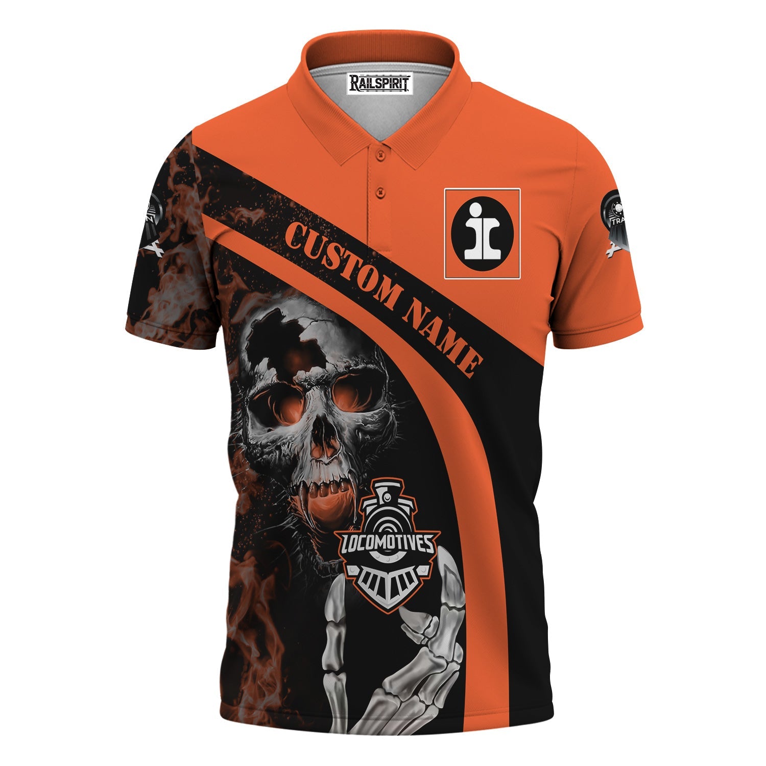 Railspirit Personalized Illinois Central Railroad Polo Shirt Flame Skull Design Train Shirt for Locomotive Fans