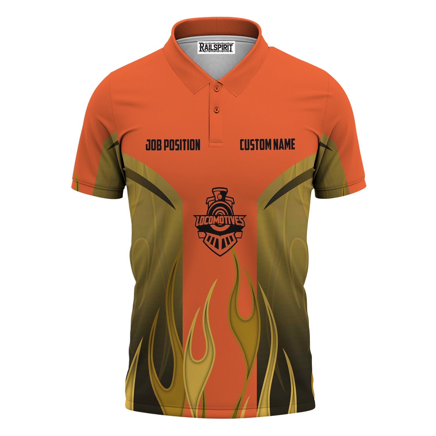 Railspirit Custom Name and Job Title Illinois Central Railroad Polo Shirt Flame Graphic Train Shirt