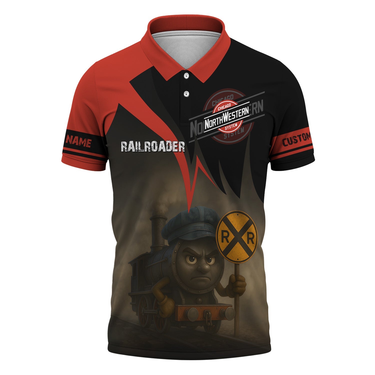 Railspirit Personalized Chicago and North Western Railway Polo Shirt Angry Train Polo Shirt Gift Idea For Train Lover