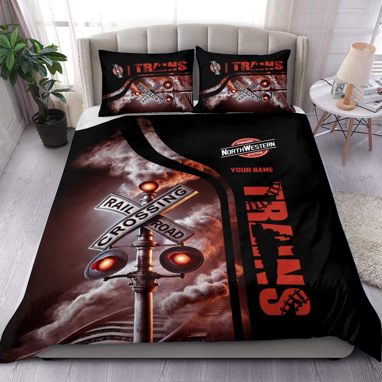 Railspirit Personalized Chicago and North Western Railway Bedding Set Railroad Crossing Sign Bedding Set All Over Print