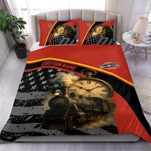 Railspirit Personalized Chicago and North Western Railway Bedding Set Classic Steam Engine With Retro Pocket Watch Bedding Set All Over Print