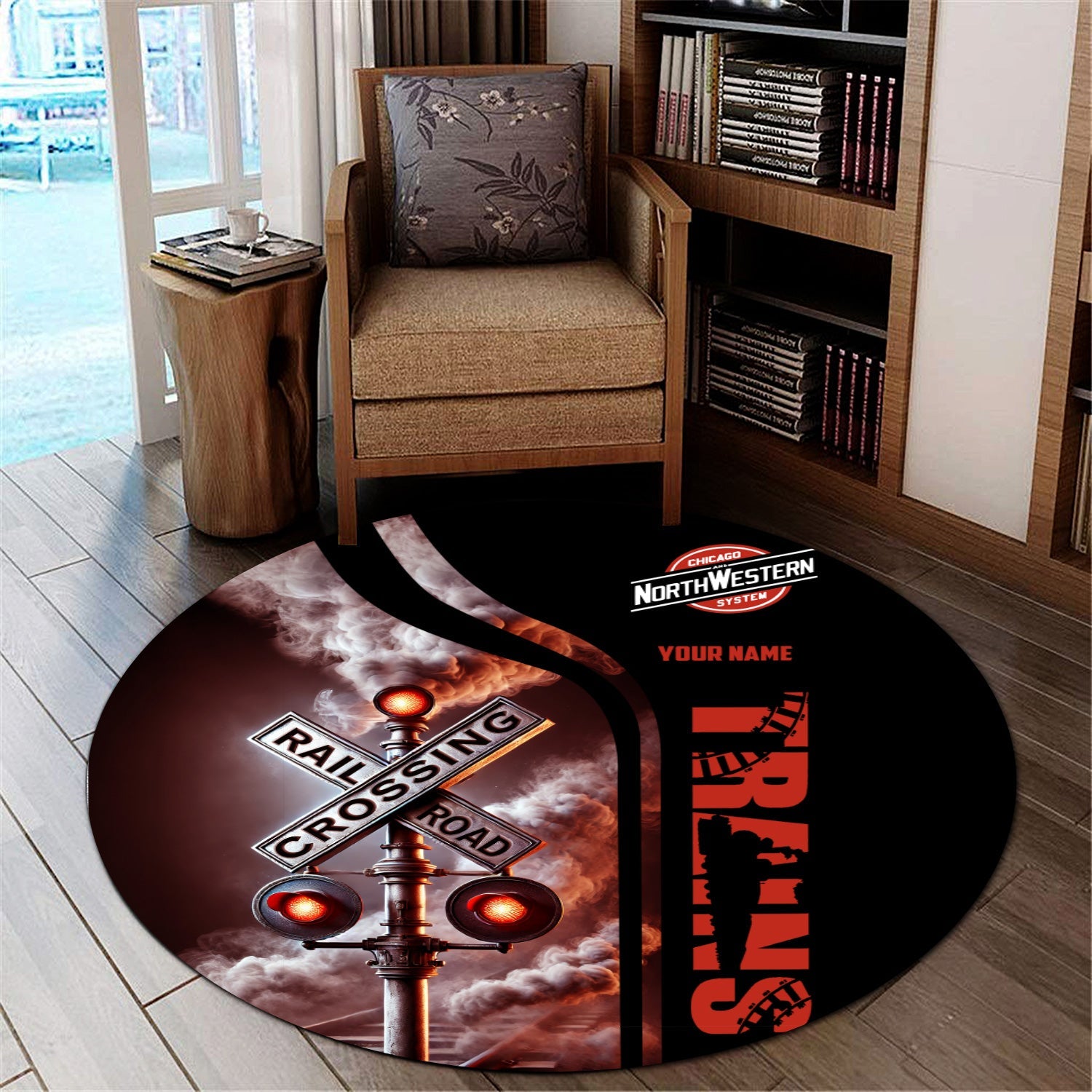 Railspirit Personalized Chicago and North Western Railway Round Mat Railroad Crossing Sign Mat All Over Print